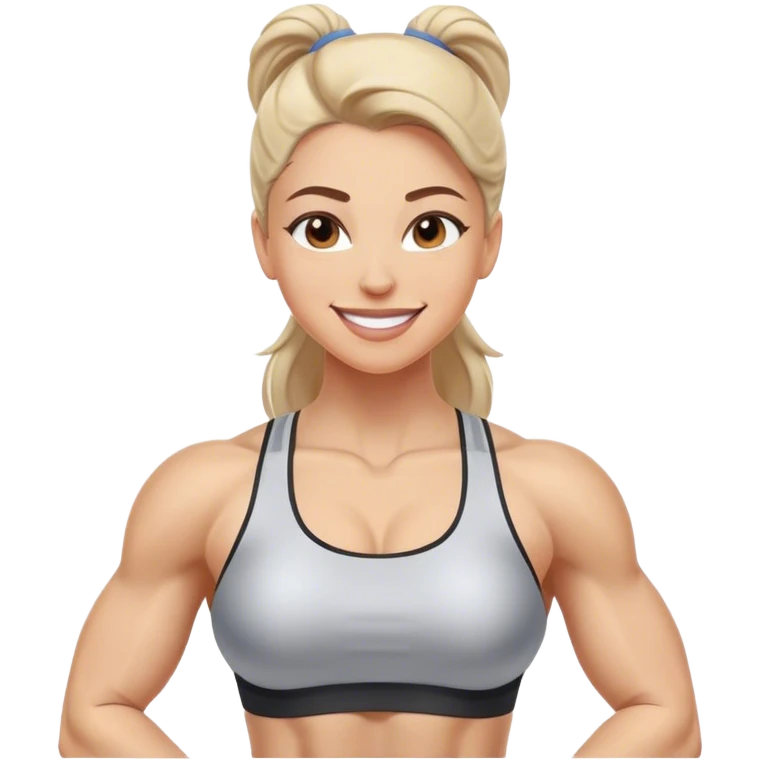 A woman in athletic wear is sweating it out in the gym, her face adorned with a confident smile, her muscles well-defined, showcasing strength and grace. emoji