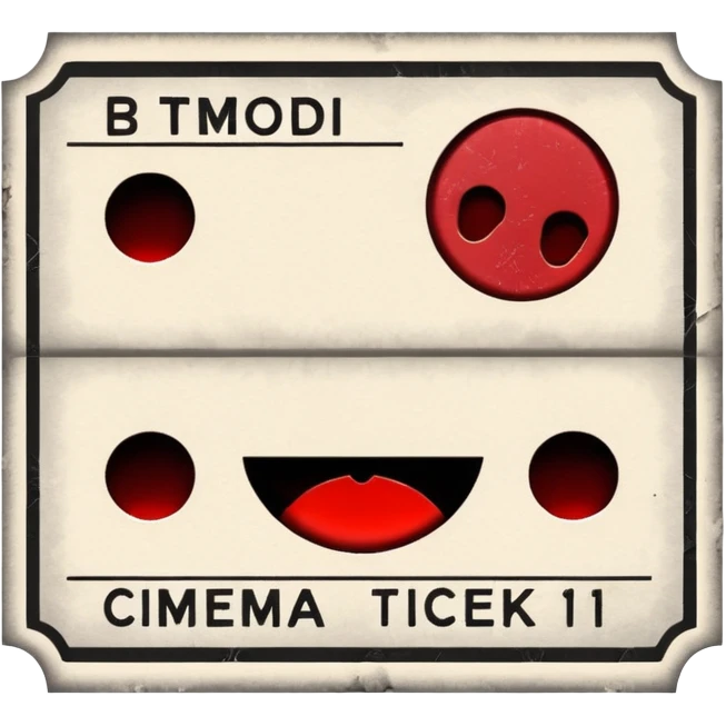 Minimalist emoji-style sticker of an old torn cinema ticket, blood-stained edges and burn holes, grayscale paper

 emoji