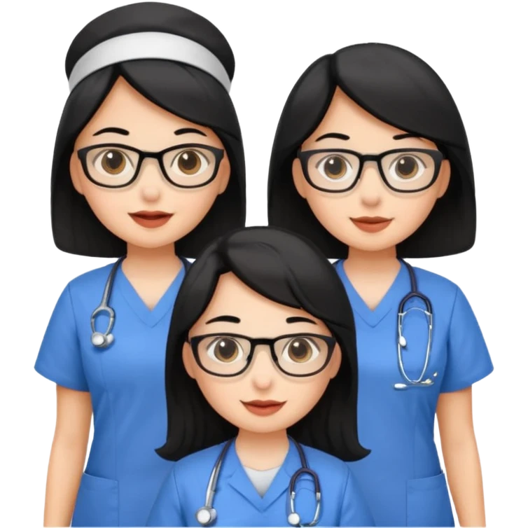 Genera un emogis con cuatro enfermeras pelinegra juntas, entre ellas una con lentes y otra con lunar encima del labio emoji