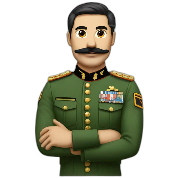 A man with a square mustache a green army uniform that stretches his arm to 120 degrees with hair plated from right to left and black emoji