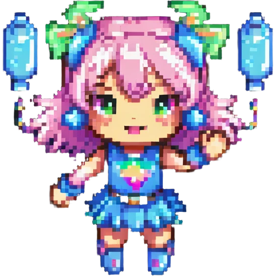 pixel art of a battery girl mascot, energetic pose, sparkles, pastel accents emoji