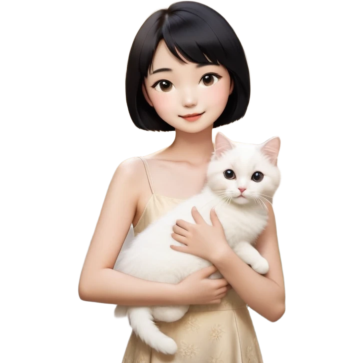 A young Chinese woman with a sun-kissed complexion and short black hair, styled in a chic bob cut, wearing a stylish spaghetti-strap dress. She gently holds her fluffy white Ragdoll cat。Her expression is happy and joy as she embraces her beloved pet. The background is softly lit with a dreamy and elegant atmosphere, highlighting the textures of her silky dress and the cat’s plush fur. The overall mood is serene, cozy, and full of love." emoji