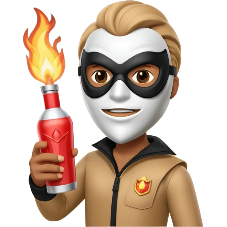 A 3D cartoon masked figure holding a lit Molotov cocktail, dark background, dramatic light, realistic Memoji-style. emoji