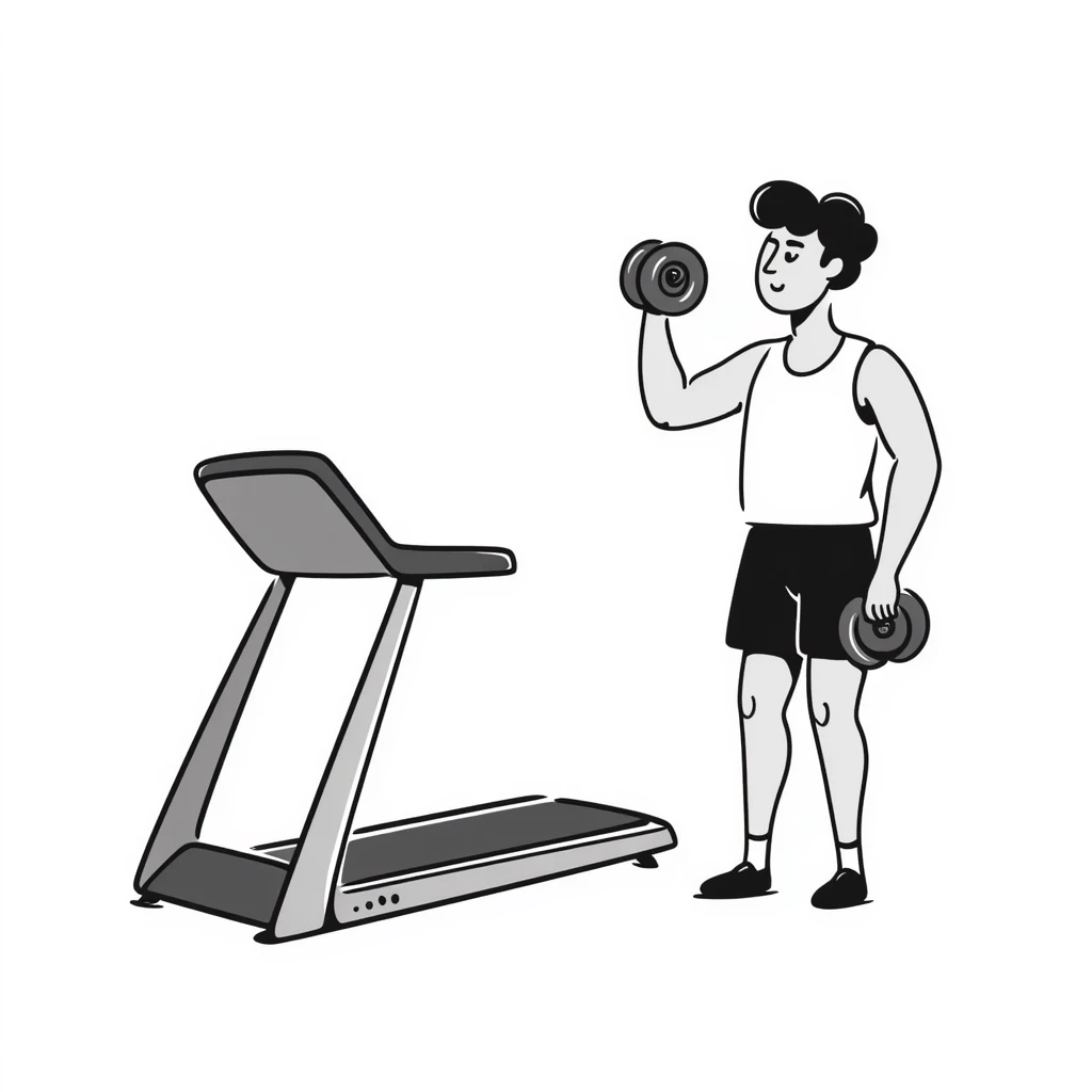 Gym equipment workout area with treadmill and weights emoji