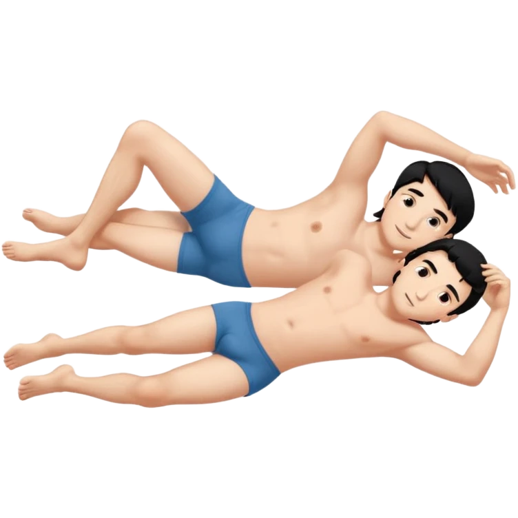 Мужчина и женщина спять в одной кровати, муж - черные волосы, в трусах лежит прямо на спину. На правой руке лежит голая девушка.на левый в бок, на правой руке мужа. Жена поставила правую ногу на живот мужа. emoji