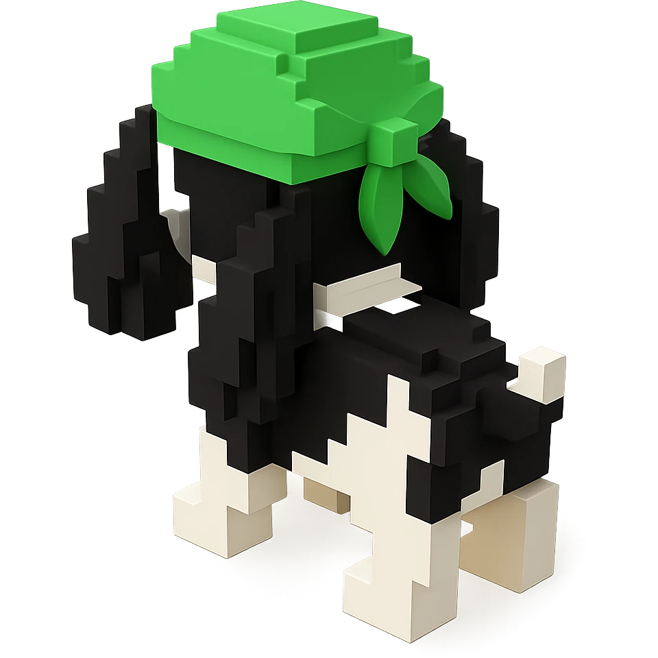 A black and white Russian Cocker Spaniel puppy wearing a green durag, voxel style, facing backward emoji