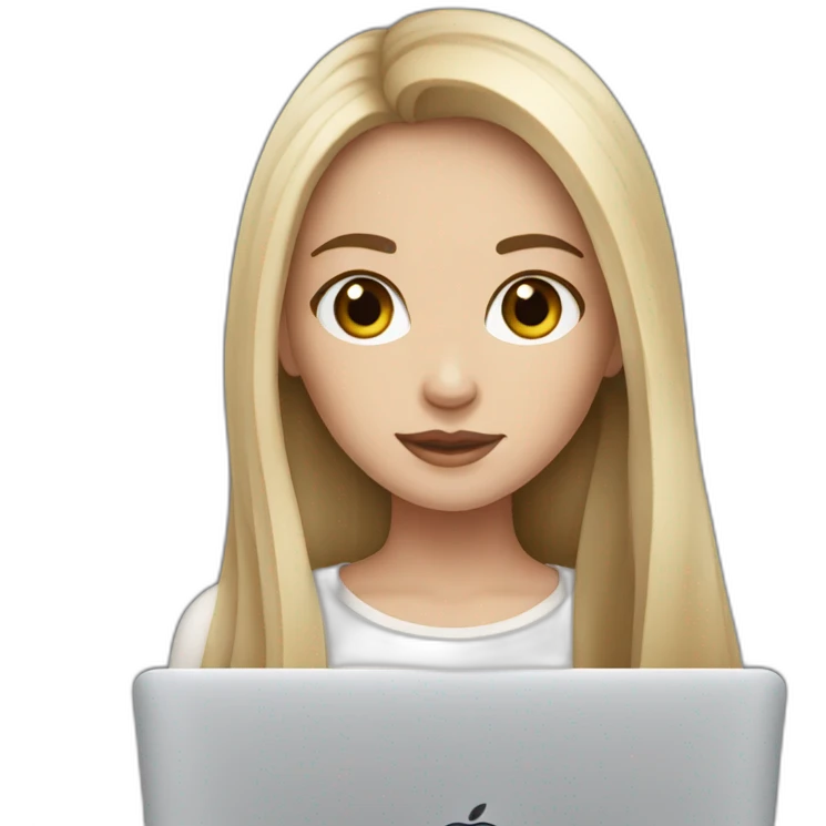smm white girl with black straight long hair and brown eyes with apple macbook emoji