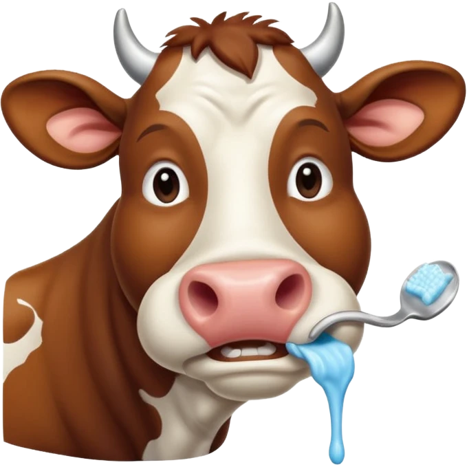 A cow brushing its teeth, looking sleepy and drowsy, portrait, bust up emoji