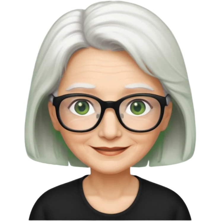 White hair grandma, green eyes, hair to shoulder, lokeg black glasses, rectangles face, smile , emoji