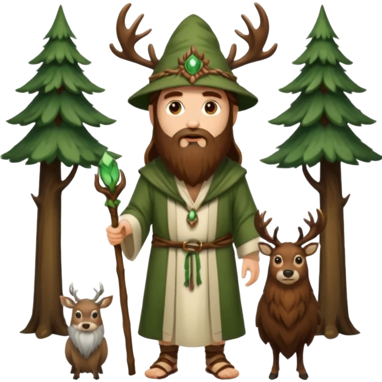 full body man long brown hair brown eyes medium beard white skin wearing stag hat and forest druid robes open chest emoji