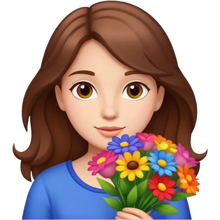 brown-haired girl holding a colorful bouquet of flowers emoji