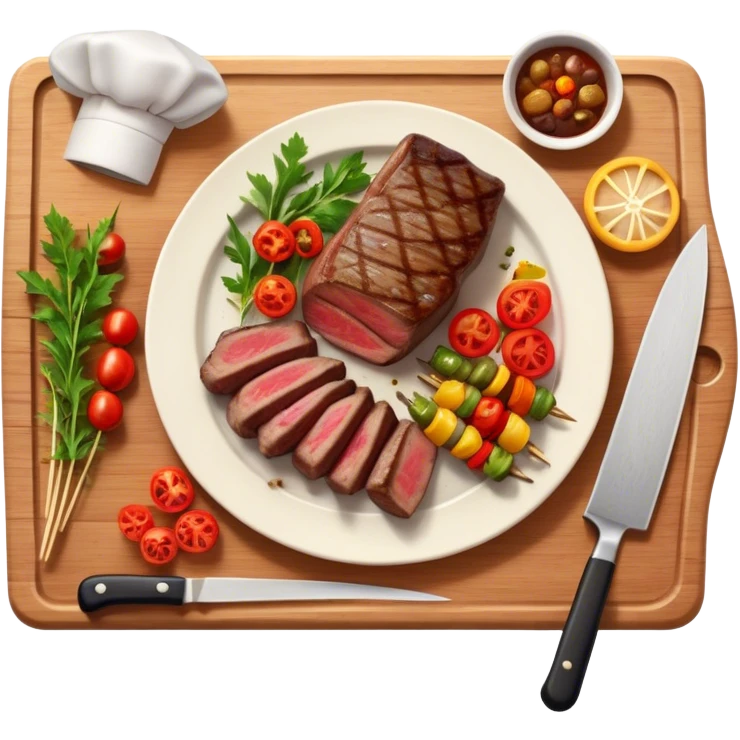 icon featuring a chef’s hat, a cutting board with fresh ingredients, a knife, a beautifully cooked ribeye steak, shashlik skewers, and a plate of food in the making. The design captures the passion of cooking with warm, inviting colors, and realistic textures. Transparent background. emoji