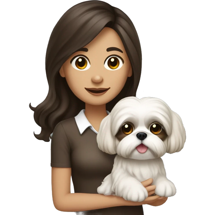 Young dark brunette medium kin hair woman with a cream shih tzu in her arms long wavy hair emoji