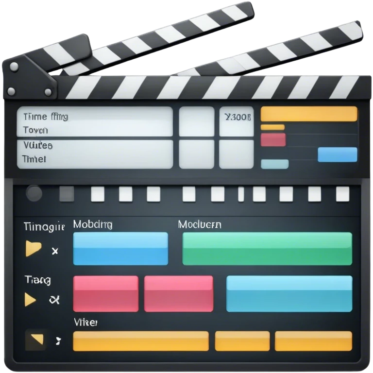 Create an emoji representing video editing. The design should feature a video editing software interface with a visible timeline, video clips, and audio tracks. Include elements like a film strip or a clapperboard to represent the filmmaking aspect. No smiley faces. Make the background transparent. emoji