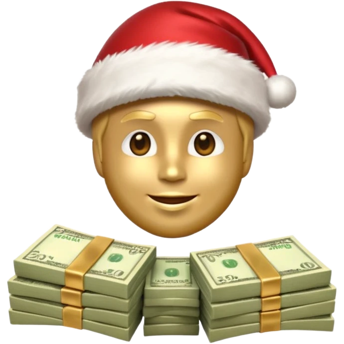 A confident rich emoji face wearing a Santa hat, money stacks, casino vibe, New Year theme, premium 3D emoji style, sharp details, no text, isolated on transparent background emoji