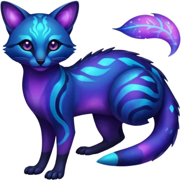 Exotic nebulae dark blue purple futuristic bioluminescent translucent transparent lush warm-colored neon-glowing iridescent Fakémon-Fionbri-Vernid-Genet-creature emoji