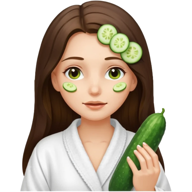 white long brunette hair girl with hazel eyes in a bathrobe with cucumber slices covering her eyes emoji