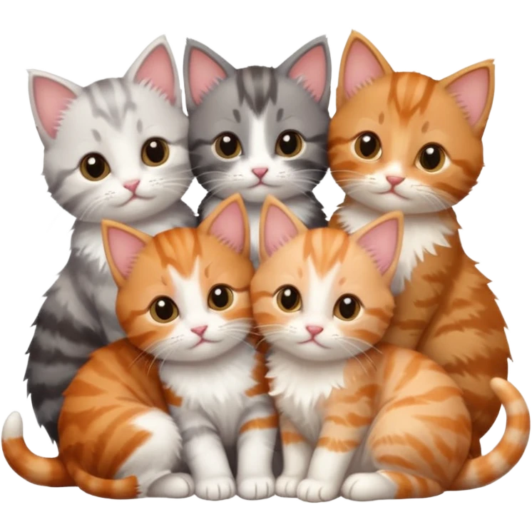 6 tiny kittens cuddling together all different colours, the first one is grey and white, the second is ginger and white and the third is brown tabby and white emoji