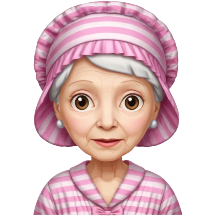 sick old woman with pink striped night gown, pink night bonnet on her head emoji
