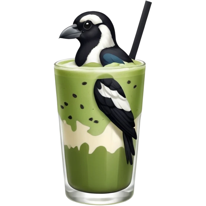  ONE Australien Magpie (just black and white feathers) sitting on an iced matcha latte on the edge of the glass. magpie has green matcha on its beak. matxha latte is in a see through glass and white from the oat milk on the bottom and green without seeds on top… one straw & ice cubes emoji