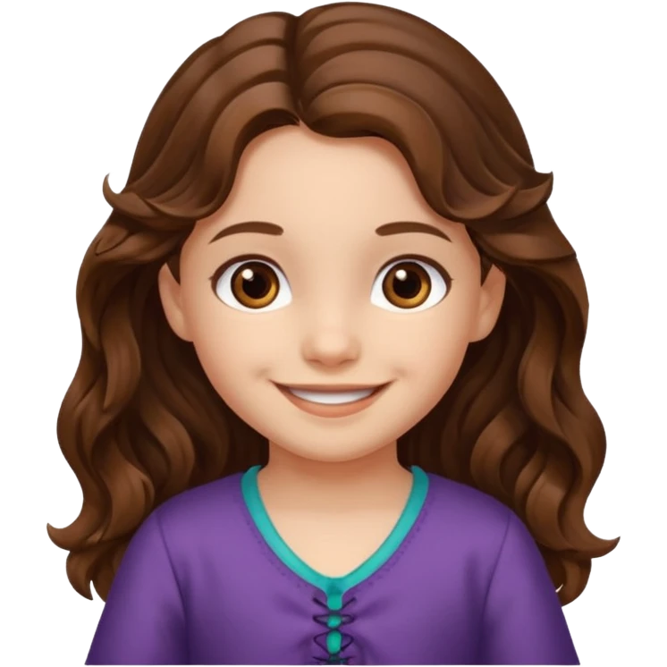 EMOJI COMO LOS DEL IPHONE IOS. SOLO CARA NIÑA, SIN EL CUELLO. 3 AÑOS. PELO LARGO, ONFULADO, MARRON SEMIRECOGIDO, Y OJOS MARRONES. SONRIENDO, Y FONDO TRANSPARENTE emoji