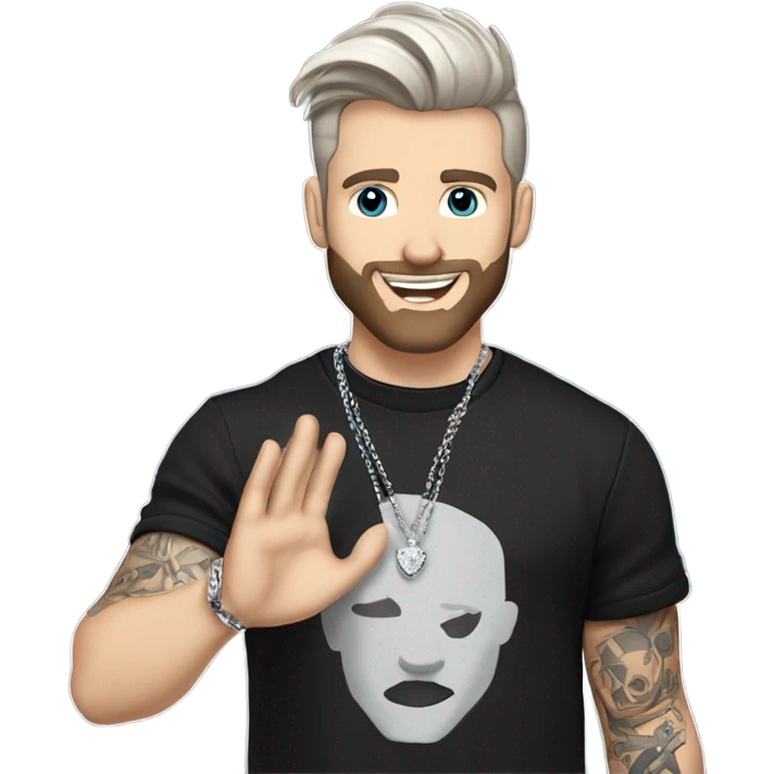Younger white male with dark brown hair with grey highlights, a beard, and tattoos. He is wearing a diamond coated white gold necklace and a black punk band t-shirt while waving hello emoji