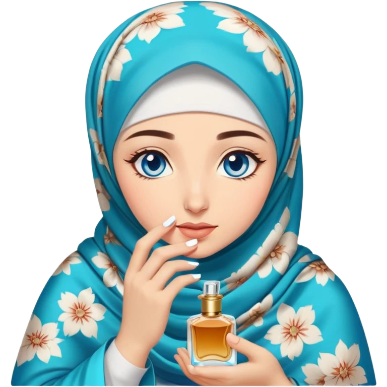 Turkish beautiful finish Konya girl blue eyes with floral hijab smells perfume on the floor  emoji