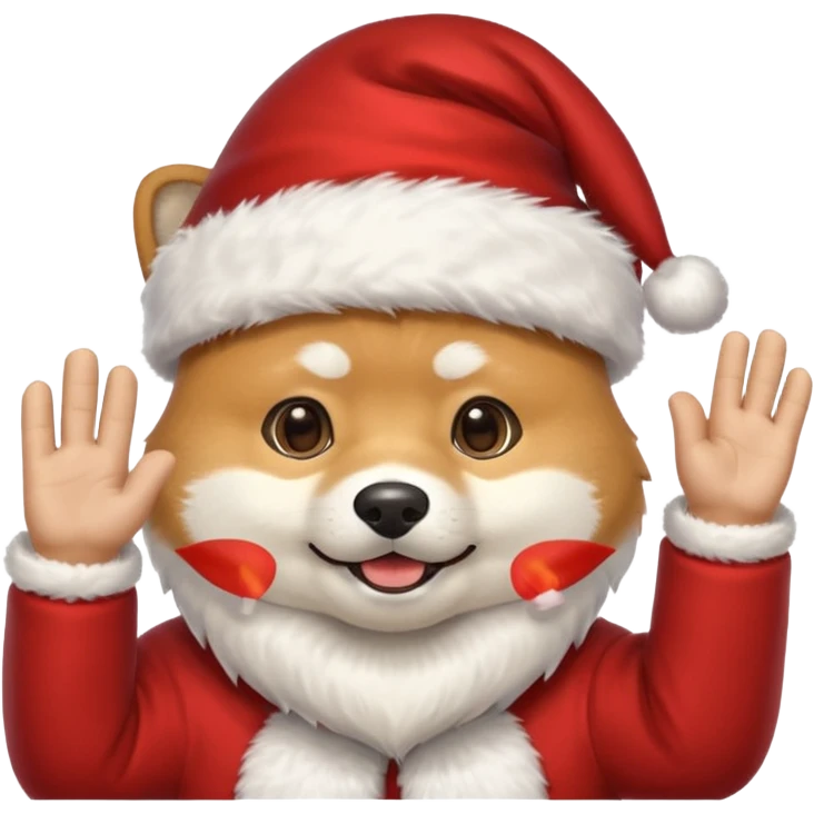 shiba inu wearing santa hat with grey beard like santa waving hi emoji