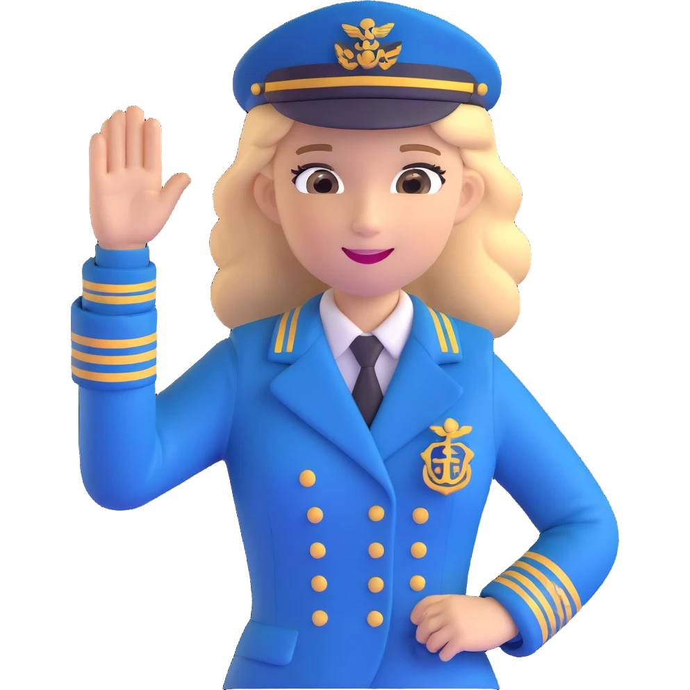 girl with dirty blonde ponytail, cruise captain uniform, waving at the camera emoji