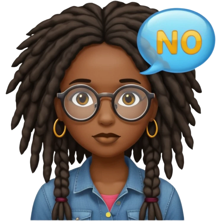 darker skin female with dark dreadlock hair wearing large round glasses with a word bubble that says no emoji
