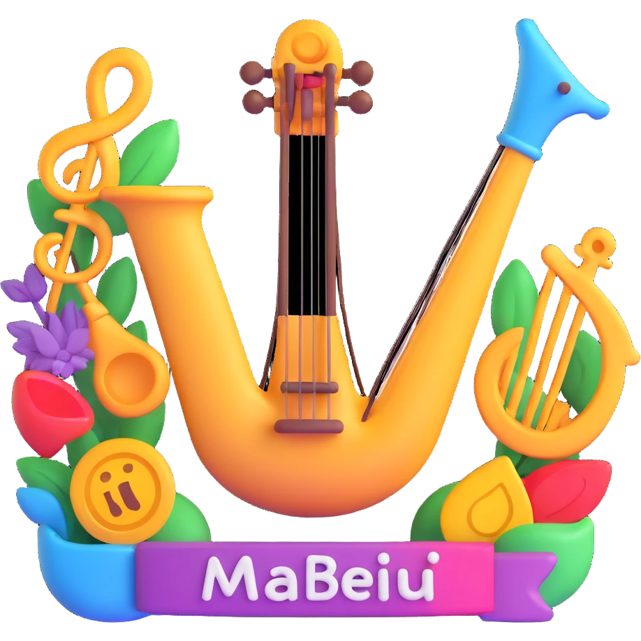 A 3D emoji with a lyre as the focal point, surrounded by lively, colorful shapes and diverse artistic icons, featuring the text "МБУ центр досуга", in the style of Microsoft's 3D Fluent Emojis. emoji