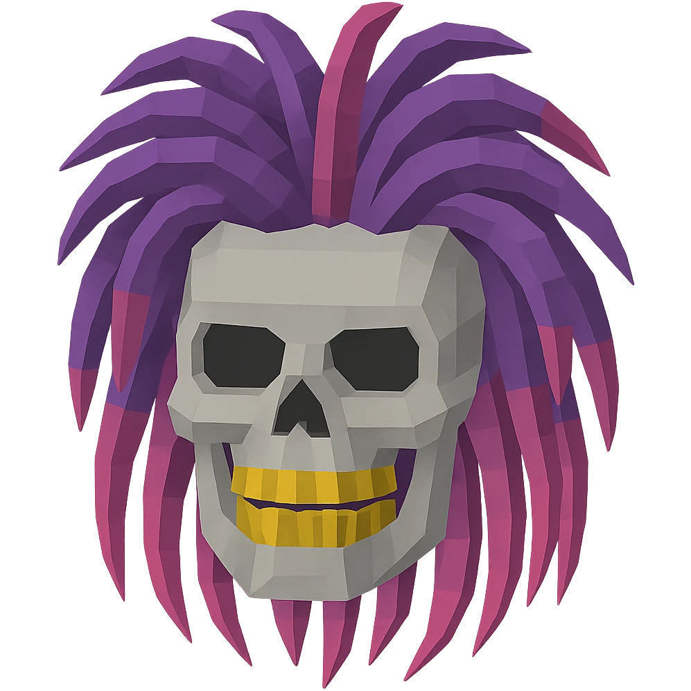 Add gold teeth to the skull and remove the tattoo on the forehead, keep the original 3D cartoon skull style with purple and pink ombre dreadlocks, no background. emoji
