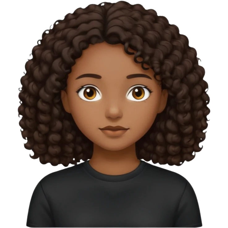 girl with brown skin, dark curly brown hair shoulder length and plain black crewneck t-shirt emoji