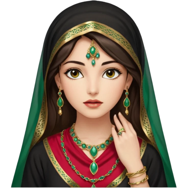 Mujer joven, morena, de gran belleza y porte misterioso.
 mirada intensa y fija; labios marcados.
 Negro, largo, suele ir cubierto parcialmente por un velo
 Ropa de inspiración árabe: túnica colorida (rojo, dorado, verde esmeralda), con detalles dorados o lentejuelas; brazaletes y pendientes. emoji
