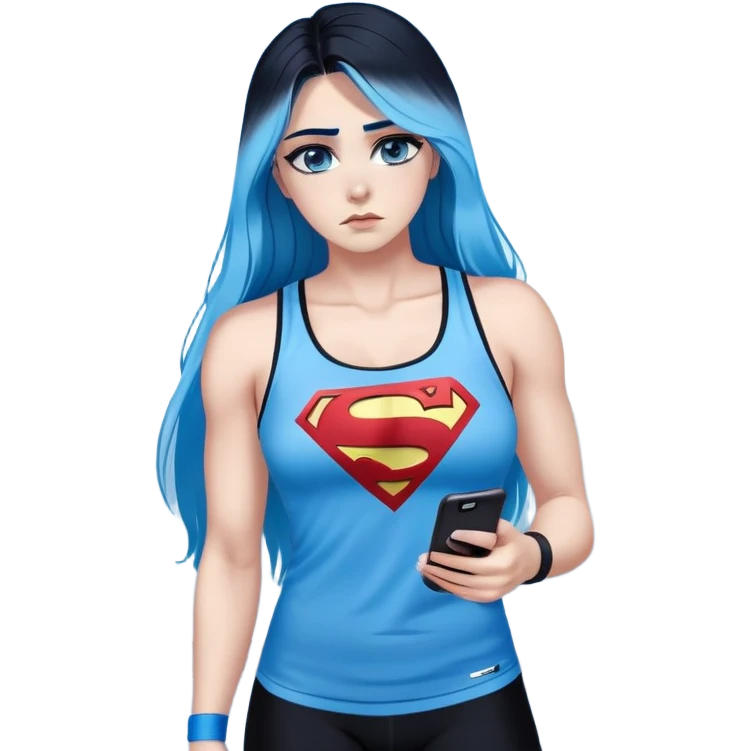 Shameful disappointed crying-very very very very big chest-texting on a samsung cell phone-very long straight flowing black to sky blue hair ombre-blue eyes-black eyeliner-long eyelashes-plastic sparkling sky blue very low cut tank top with sparkling superman logo-black leggings-nike sneakers emoji
