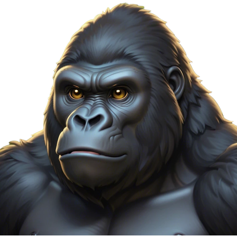 Cinematic Noble Gorilla Portrait Emoji, Poised and commanding, with a massive, muscular build cloaked in dense, rich fur and deep, soulful eyes, Simplified yet sharp and sophisticated features, highly detailed, glowing with a soft, dignified jungle glow, high shine, intelligent and formidable, stylized with an air of primate majesty, focused and authoritative, soft glowing outline, capturing the essence of a watchful guardian that feels as though it could step out of the screen with effortless authority! emoji