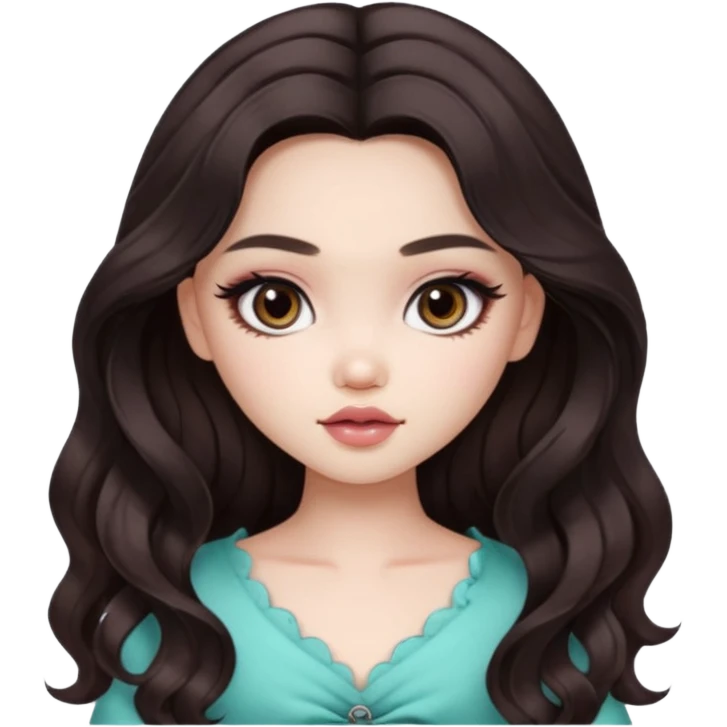 pale skin, girly bratz ASIAN vietnam baddie, beautiful dark brown eyes, pretty makeup, long dark to light ombré colored hair, wavy hair emoji