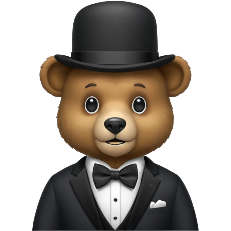 Un animatronico que es un oso con gorro elegante y moño negro emoji