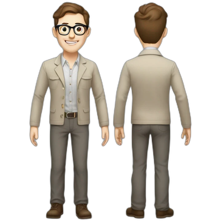 Joyful Full height Pale skinned Fit Man With dark brown hair in gray jacket, beige office shirt, Brown pants and vintage glasses. His thrumbs up emoji