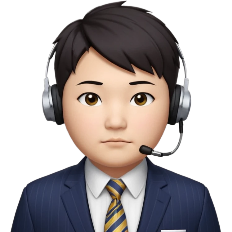 full kind of chubby face, very asian, short dark hair styled upward with a spiked swoop in front, a clean-shaven face, focused eyes, and a slim headset over one ear, wearing a dark pinstripe suit with a patterned dress shirt and a bright solid-colored tie visible from the chest up. emoji