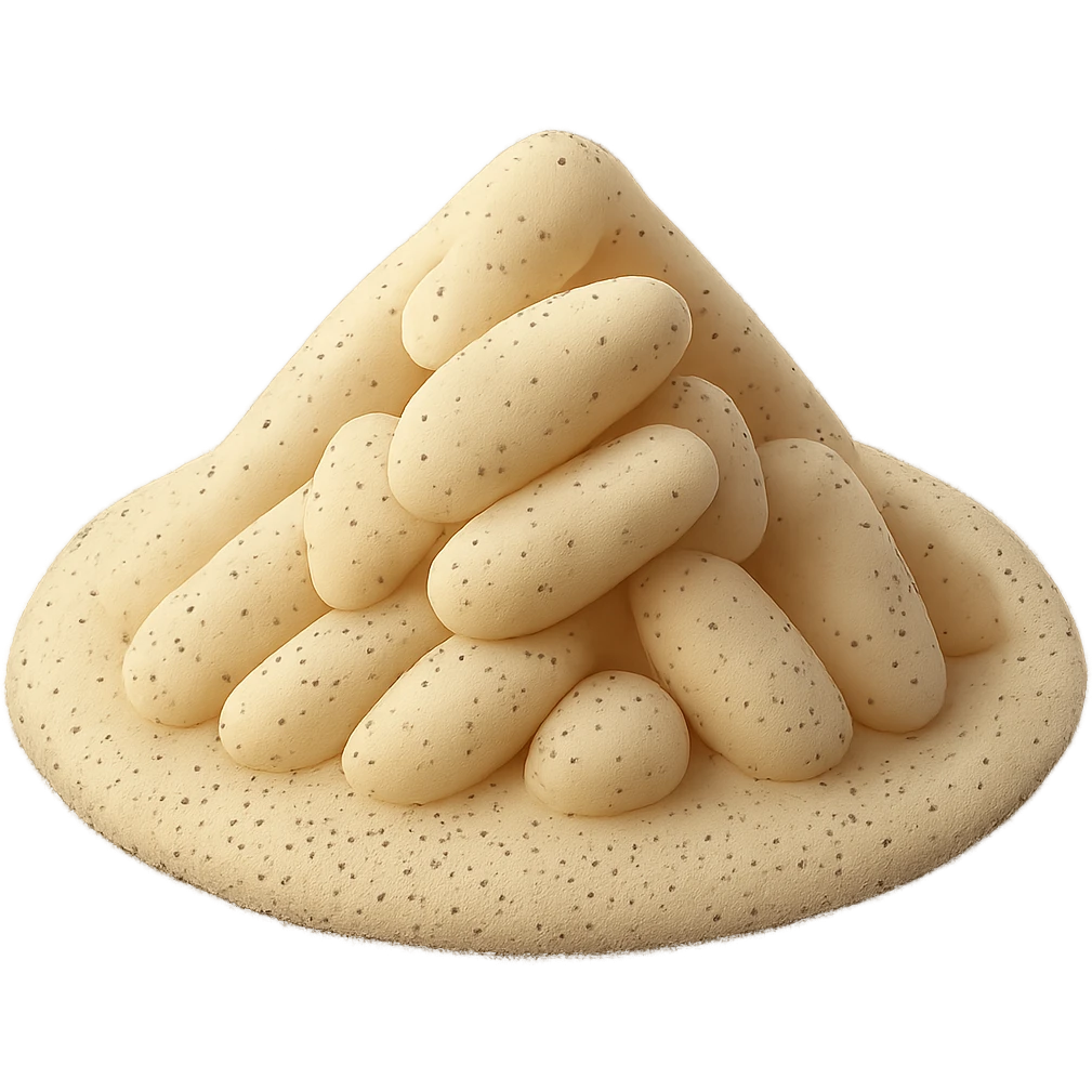 Increase the number and visibility of dark vanilla specks throughout the vanilla sugar mound. Make the specks more prominent and clearly scattered across the surface, while keeping the sugar fine, dry, and soft. Maintain the 3D-rendered, clean, minimal Apple emoji style with transparent background and emoji scale. The style is Apple emoji style with a 3D-rendered clean minimal look. emoji