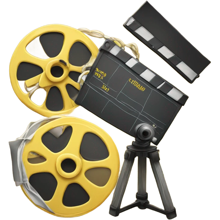 A black and yellow film reel, clapperboard, and movie camera. emoji