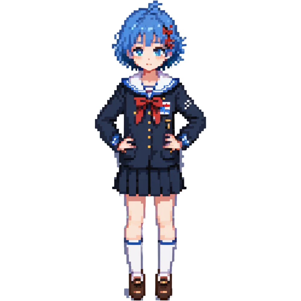 Pixel art anime girl with short bright blue hair wearing Japanese sailor style school uniform, standing with hand on hip but shyly glancing down with a small blush, small timid wave, very shy emoji