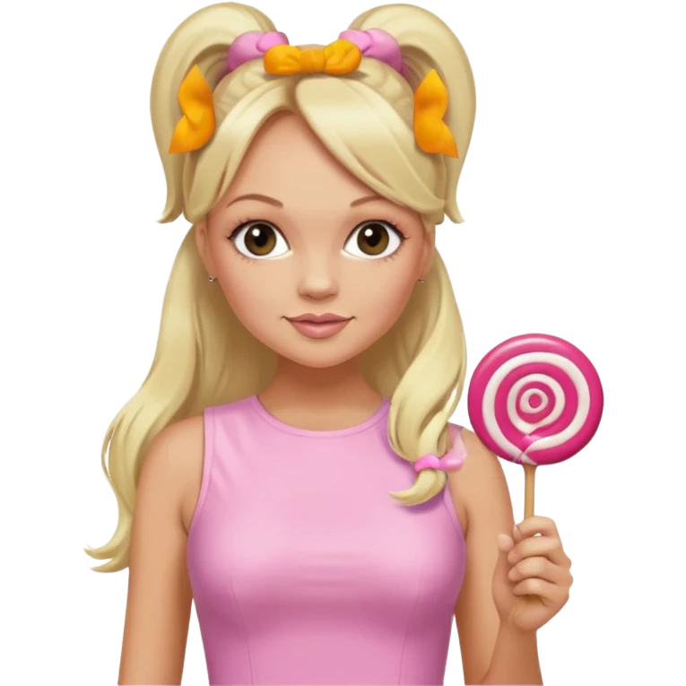 Emma Bunton with long blonde ponytails wearing light pink bodycon dress holding a lollipop emoji