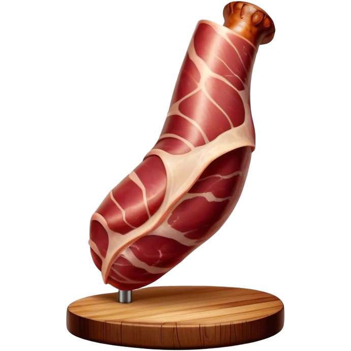 ​Cinematic Realistic Spanish Jamón Leg, depicted as a massive, cured leg of Jamón serrano (ham) with a deep reddish-brown hue, intricately marbled and slightly glossy with age, elegantly displayed on a rustic wooden stand and bathed in warm, soft lighting that accentuates its artisanal heritage, emoji