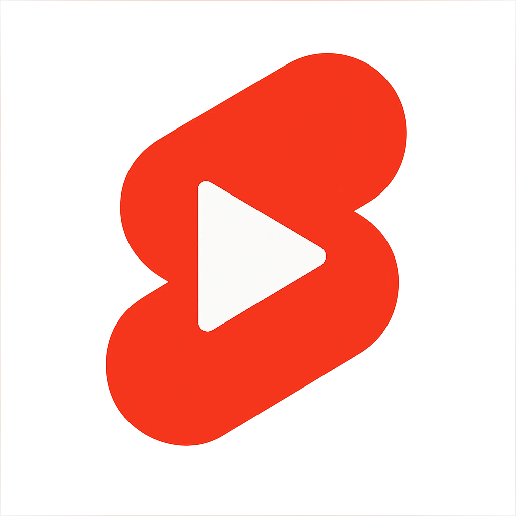 Modern minimalist logo inspired by YouTube Shorts but clearly distinct. Abstract red and white shapes on a white background. No text. Design a dynamic, playful symbol using rounded geometric forms, slightly resembling a play button or a film strip, but reimagined with a unique twist. Must look tech-oriented, simple, and brandable emoji