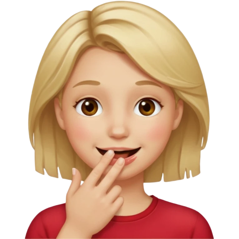 Hand over mouth with blushed cheeks more redness on cheek and smiling  more more redness  dirty blonde hair  emoji