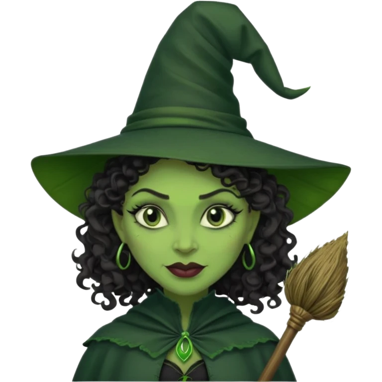 elphaba wicked witch with broom close up, evil dark curly hair, green skin, thick lips, cheekbones, smirk evil menacing cythia erivo emoji