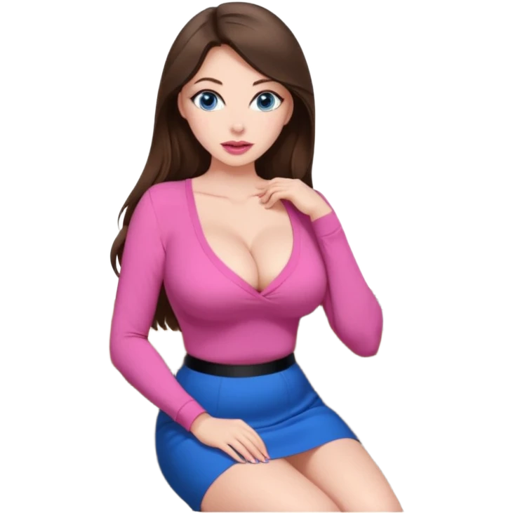 sexy woman brunette, very large breasts, pale skin, blue eyes, long brown hair, tight pink low cut  blouse, big pink lips, short black skirt. at desk emoji