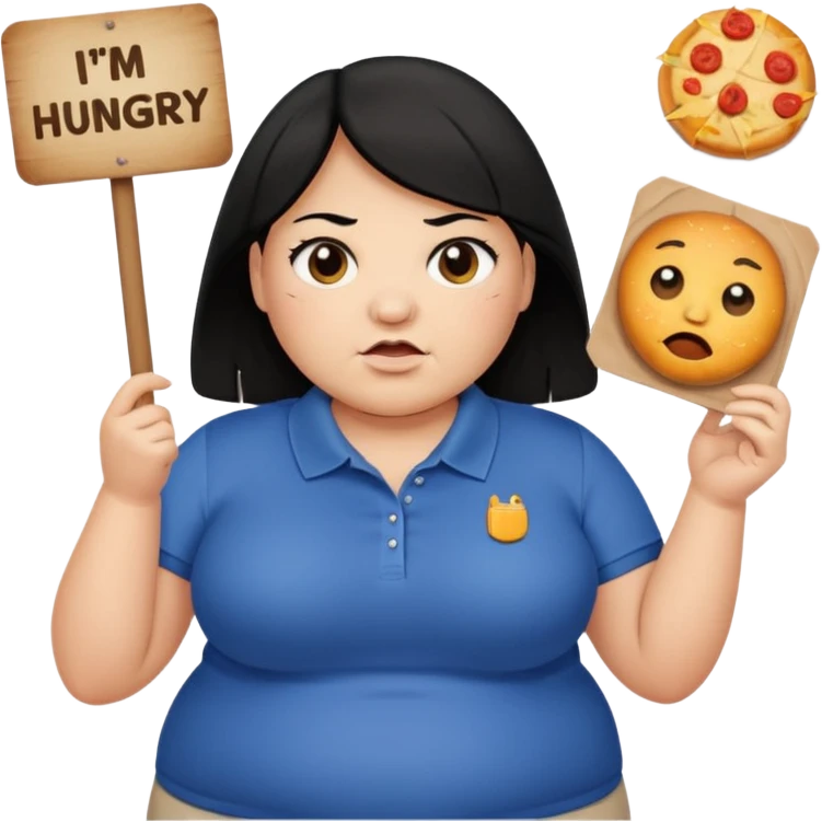 Una señora gorda con cabello negro y p olo corto con un letrero de tengo hambre emoji